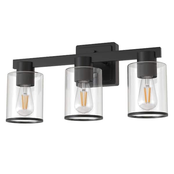 18 in. Industrial 3-Light Matte Black Farmhouse Bathroom Vanity Light with Clear Glass Shades
