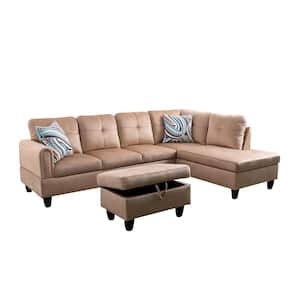 25 in. Round Arm 3-Piece Microfiber L-Shaped Sectional Sofa in Sand