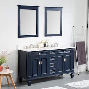 60 in. W x 22 in. D x 35 in. H Double Sink Solid Wood Bath Vanity in Navy with Stain-Resistant Quartz Top and 2 Mirror