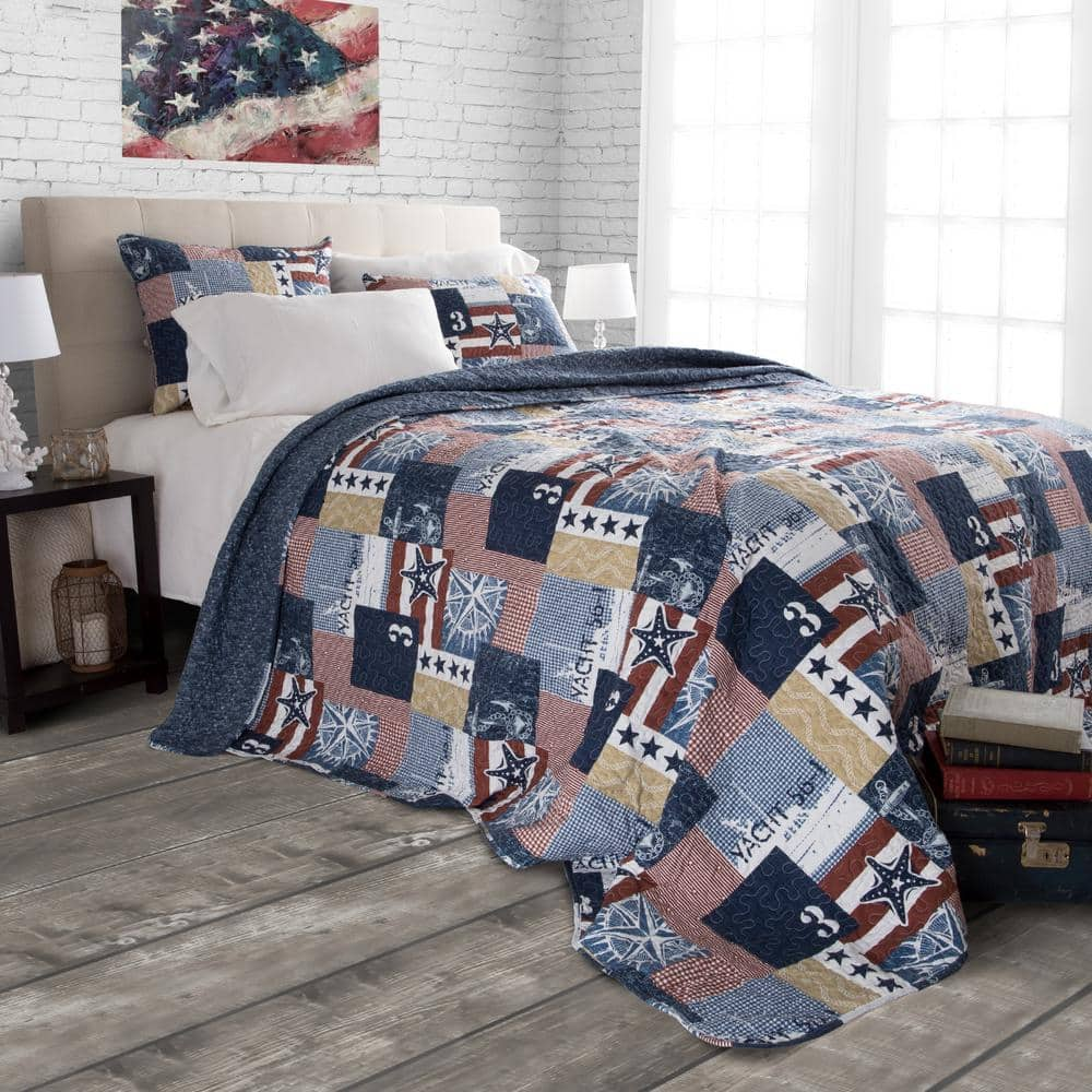 Lavish Home Patriotic Blue Striped and Plaid King Quilt