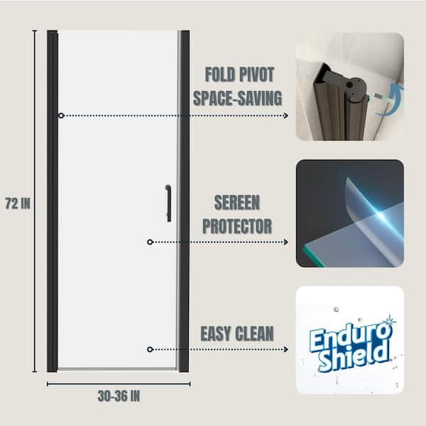 32 to 33 - 1/4 in. W x 72 in. H Pivot Swing Frameless Shower Door in Black with Clear Glass
