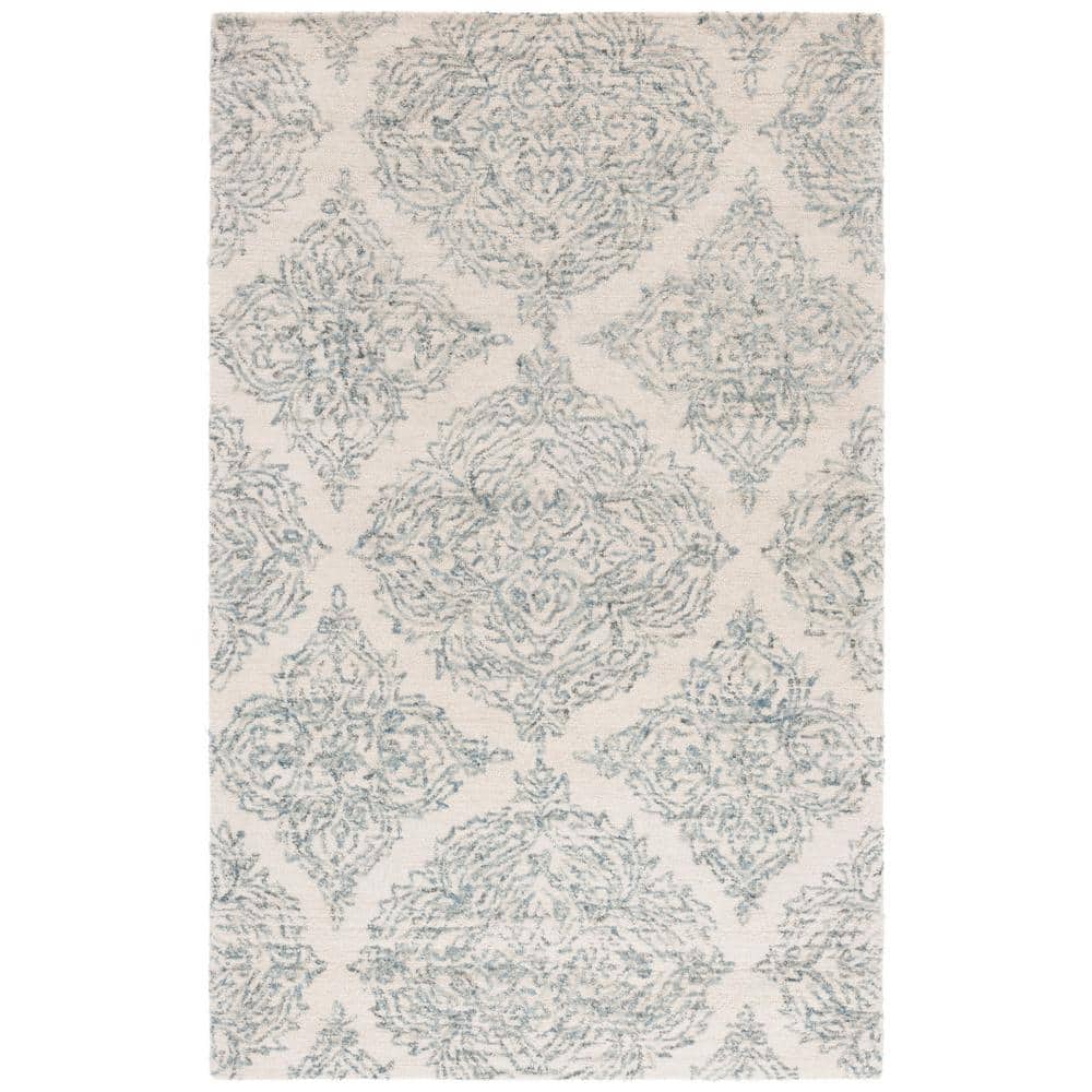 Ivory and Blue Wool Trellis Handmade Tufted Area Rug, 5' x 8'