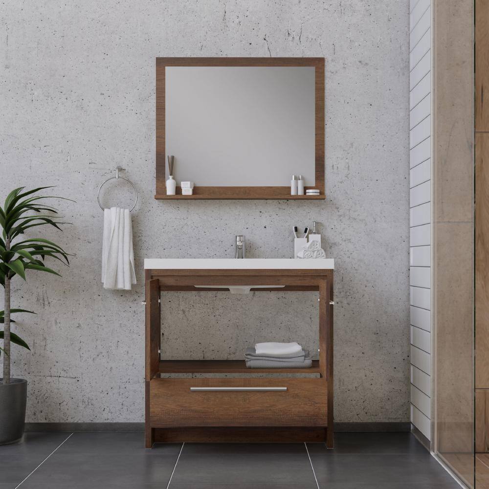 Rosewood Brown 36" Freestanding MDF Bathroom Vanity with White Acrylic Sink