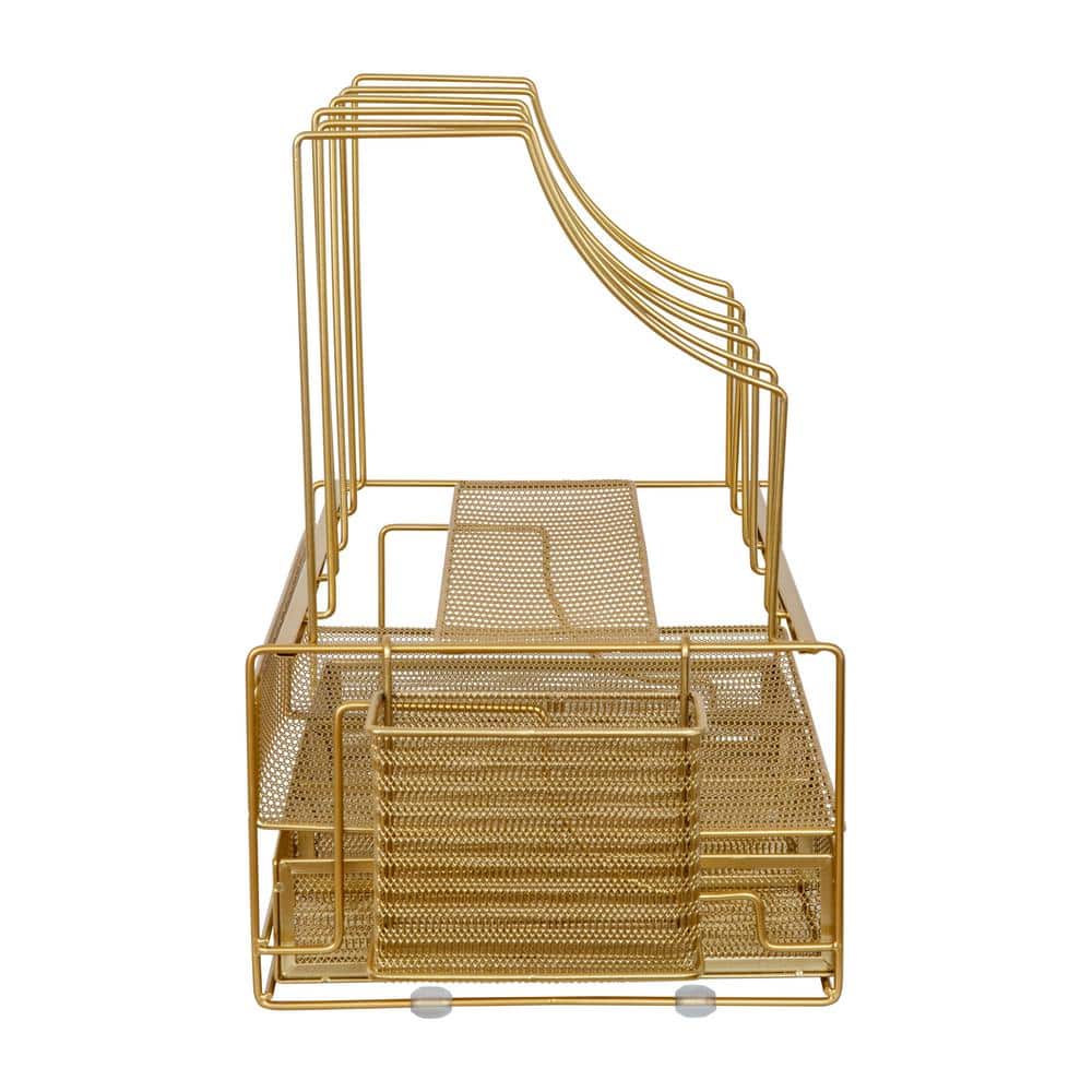Gold Mesh Metal Large Desktop Organizer with Drawer and File Holder