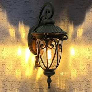 1-Light Matte Black Aluminum Outdoor Hardwired Wall Lantern Sconce with Clear Water Glass