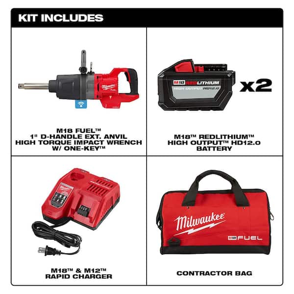 M18 FUEL 18V Lith-Ion Brushless Cordless 1 in. Impact Wrench Extended Reach D-H&le Kit w/Three 12.0 Ah Batteries