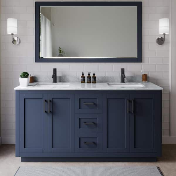Wyndham Collection Miranda 66 in. W x 22 in. D x 33.75 in. H Double Sink Bath Vanity in Dark Blue with White Carrara Marble Top and Mirror