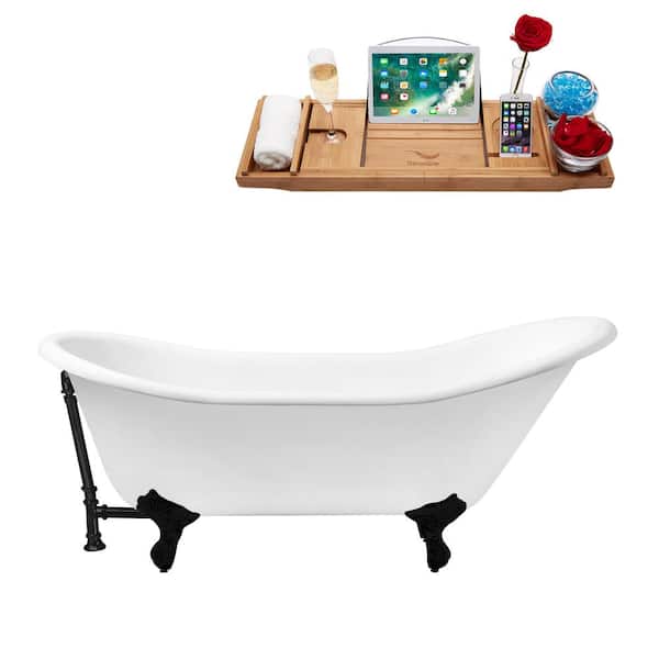 Streamline 67 in. x 30 in. Cast Iron Clawfoot Soaking Bathtub in Glossy White with Matte Black Clawfeet and Matte Black Drain