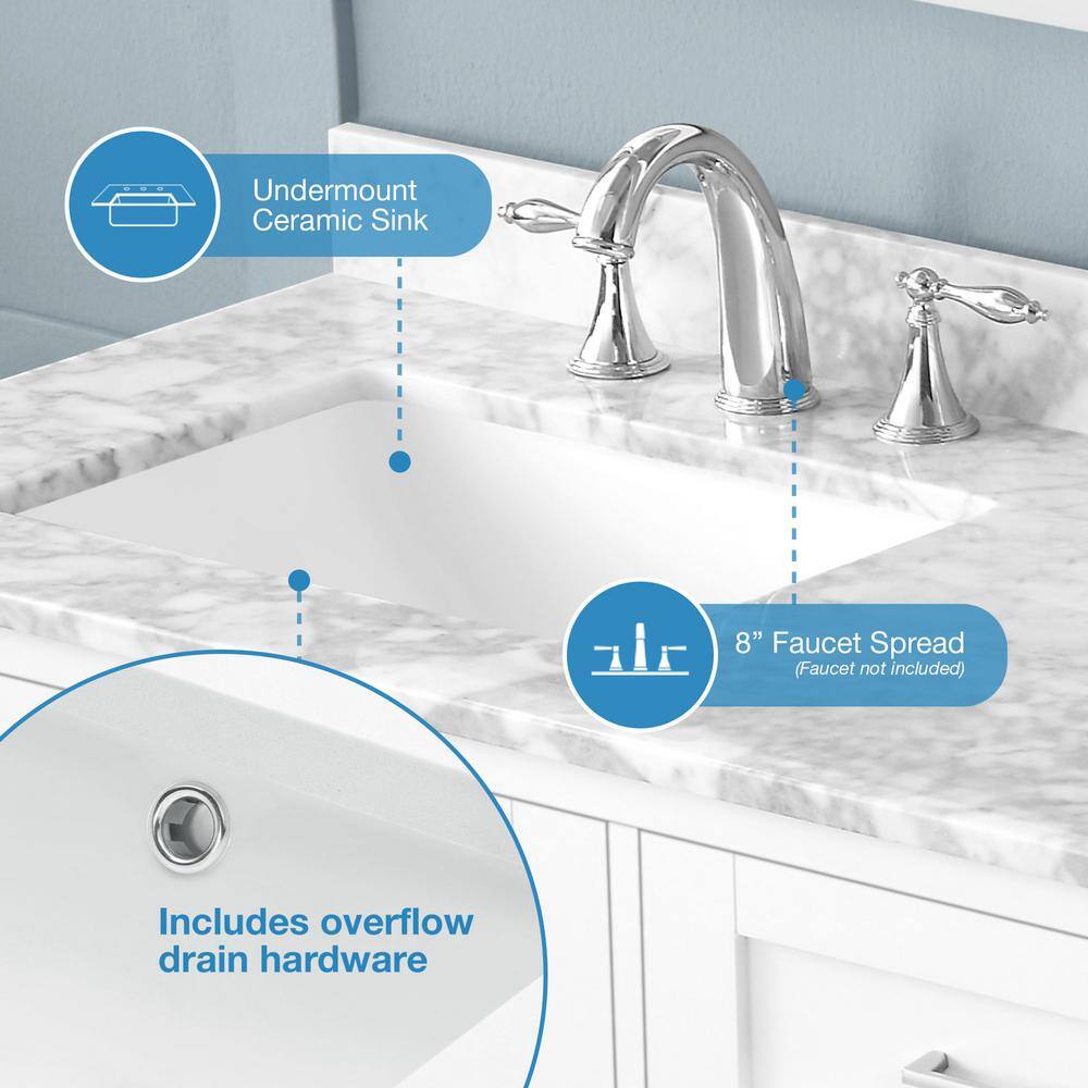 Tahoe 72" White Double Bathroom Vanity with Carrara Marble Top