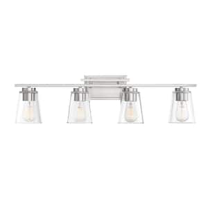 Calhoun 32 in. W x 8.75 in. H 4-Light Satin Nickel Bathroom Vanity Light with Clear Cone Glass Shades