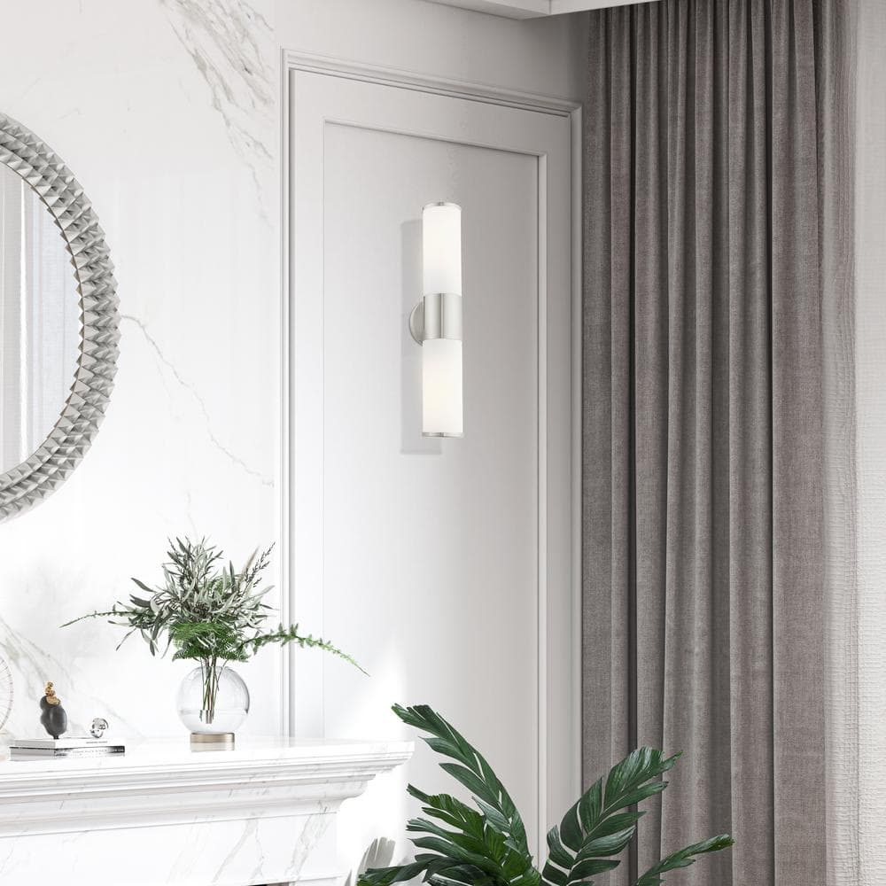 Brushed Nickel 2-Light Vanity with Satin Opal Glass Shades