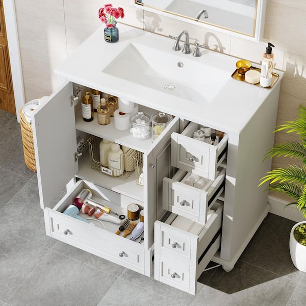 36 in. Single Sink Freestanding White Bath Vanity with White Ceramic Top Unassembled