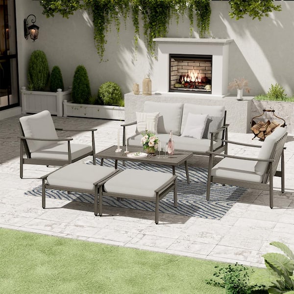 EGEIROSLIFE 6-Piece Aluminum Patio Conversation Set with Loveseat, Coffee Table and Gray Cushions