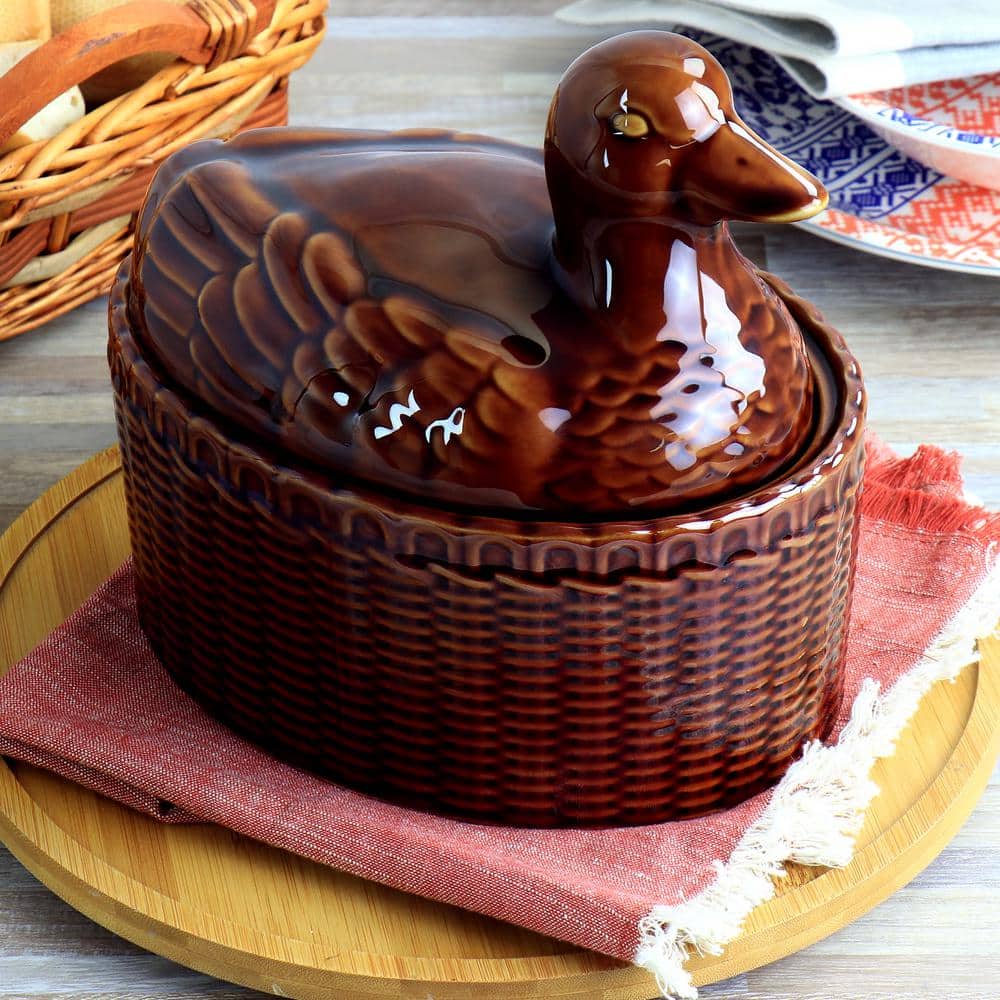 Brown Stoneware Goose-Shaped Oval Baker with Lid