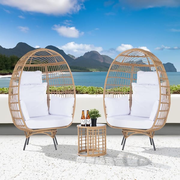 BFB 3-Piece Patio Wicker Swivel Lounge Outdoor Bistro Set with Side Table, White Cushions