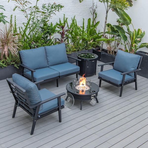 Leisuremod Walbrooke Black 5-Piece Aluminum Round Patio Fire Pit Set with Navy Blue Cushions, Slats Design, Tank Holder