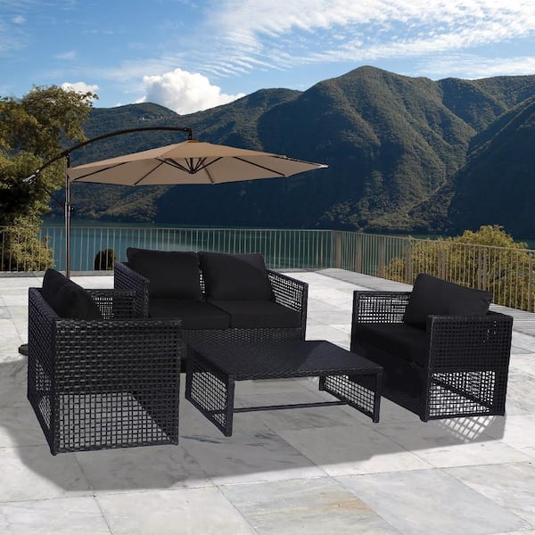 WESTIN OUTDOOR Leah 4-Piece Wicker Patio Conversation Set with Black Cushions