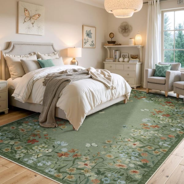 6 X 9 Machine Washable Green Spiral Design Vintage Floral Low Pile Non Slip Soft Indoor Area Rug