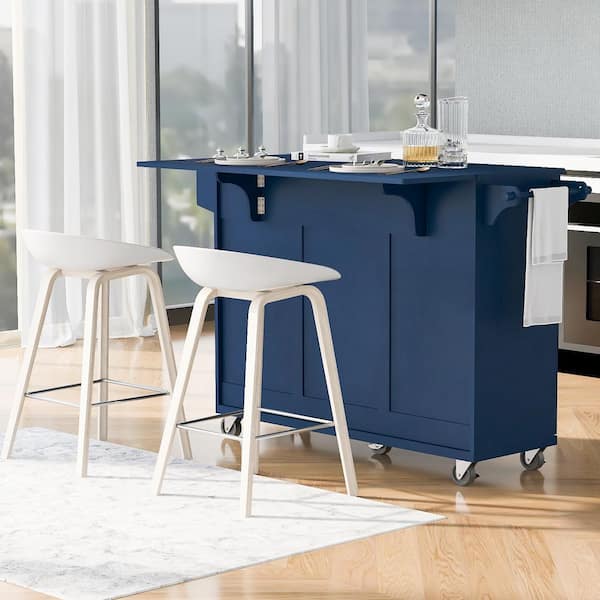 Runesay Blue Wood Base with Wood Top Rolling Kitchen Island (27.56-in x 53.15-in x 36.33-in)