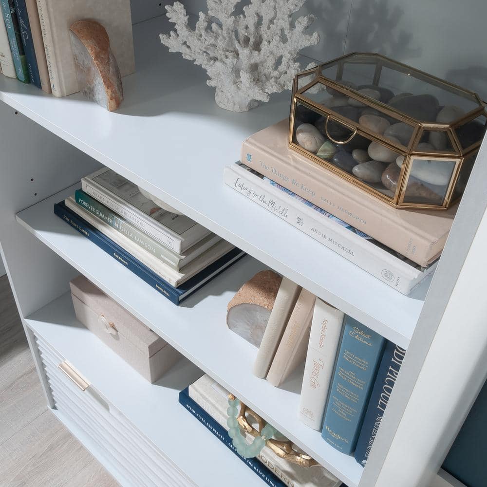 White Adjustable Wood Bookcase with Drawer and Shelves
