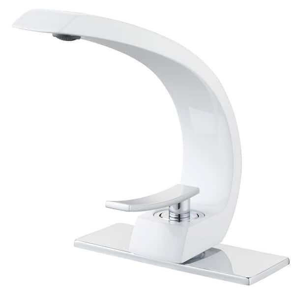Brass C-shaped Single Handle Single Hole Bathroom Sink Faucet with Deckplate and Supply Lines in White and Chrome