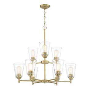 Westin 9-Light Modern Brushed Gold Chandelier with Clear Glass Shades For Dining Rooms