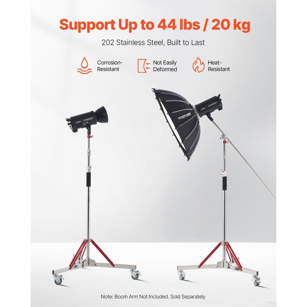 Heavy Duty Adjustable Stainless Steel Photography Light Stand with Casters