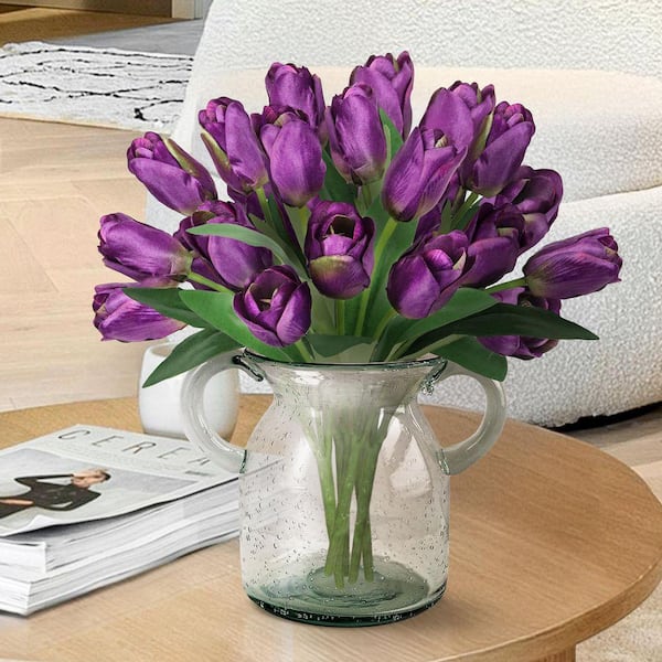 LIVING LUXURY 12 in. Plum Purple Artificial Tulip Flower Stem Bush