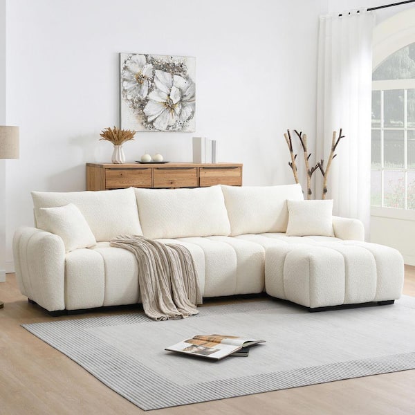 110 in. W Boucle Fabric Modular Sectional Sofa in. Cream White with Movable Ottoman and Extra-Large Seat