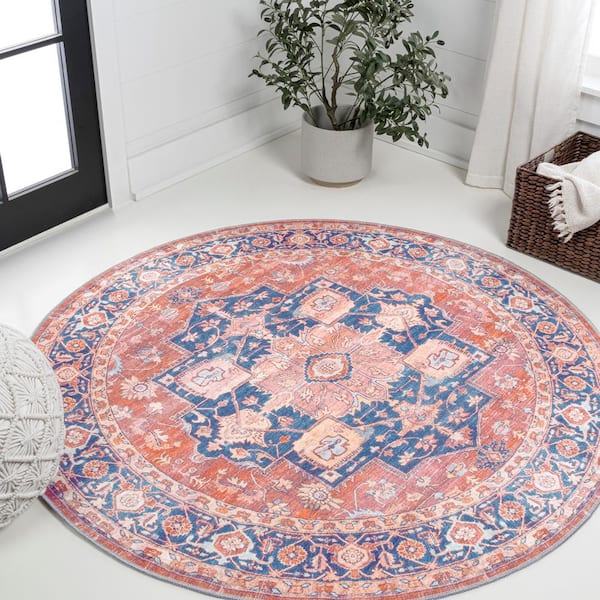 Maris Ornate Terracotta/Navy 6 ft. Medallion Machine-Washable Round Area Rug