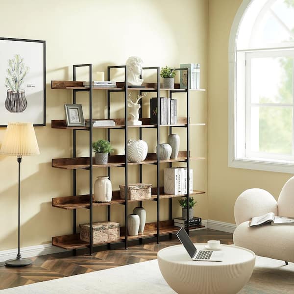 Polibi 70.87 in. H Brown Vintage Industrial Style 5-Shelf Bookcase