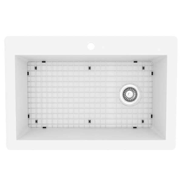 QT-670 Quartz/Granite 33 in. Single Bowl Top Mount Drop-In Kitchen Sink in White with Bottom Grid and Strainer