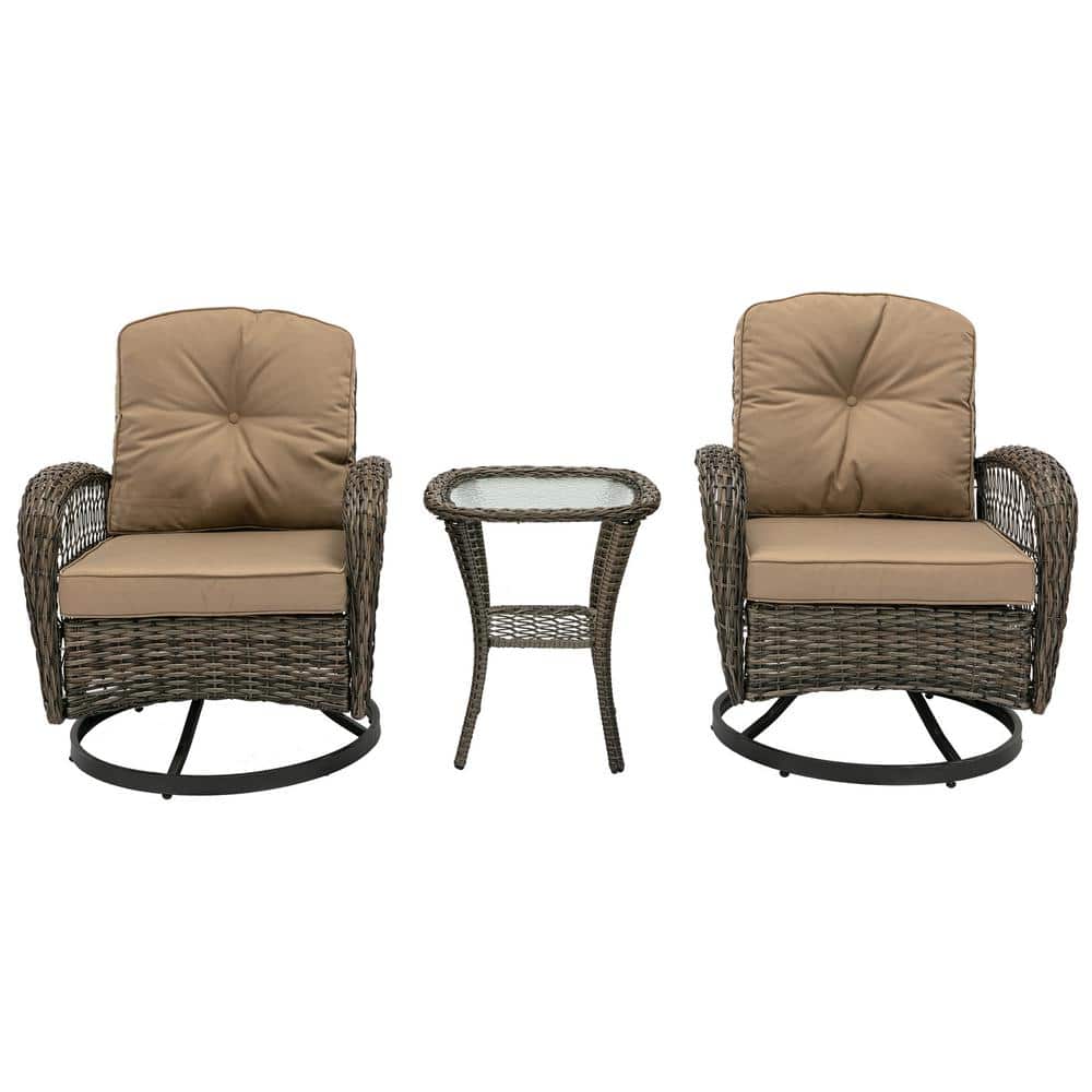 3-Piece Brown Wicker Outdoor Bistro Set with Khaki Cushions