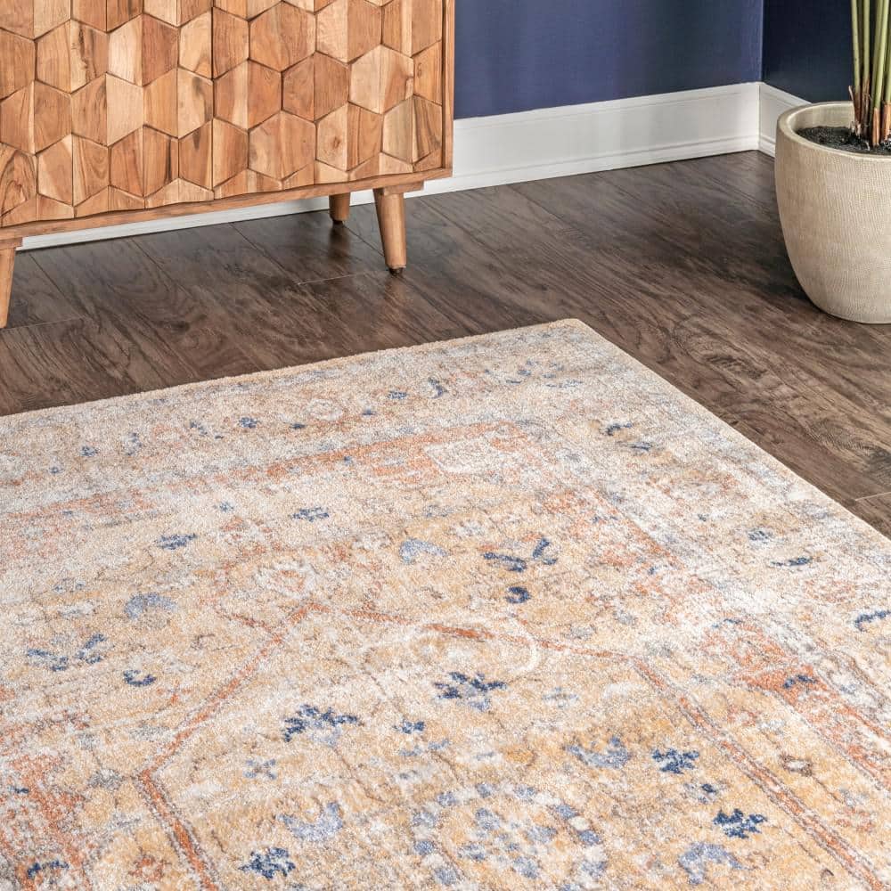 Gold and Beige Rectangular 4' x 6' Synthetic Area Rug