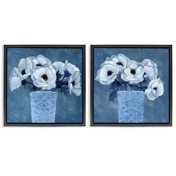 Stupell Industries Magnolia Bouquets on Blue by Janet Tava 2-Pieces Black Floater Frame Nature Graphic Art Print 25 in. x 25 in.