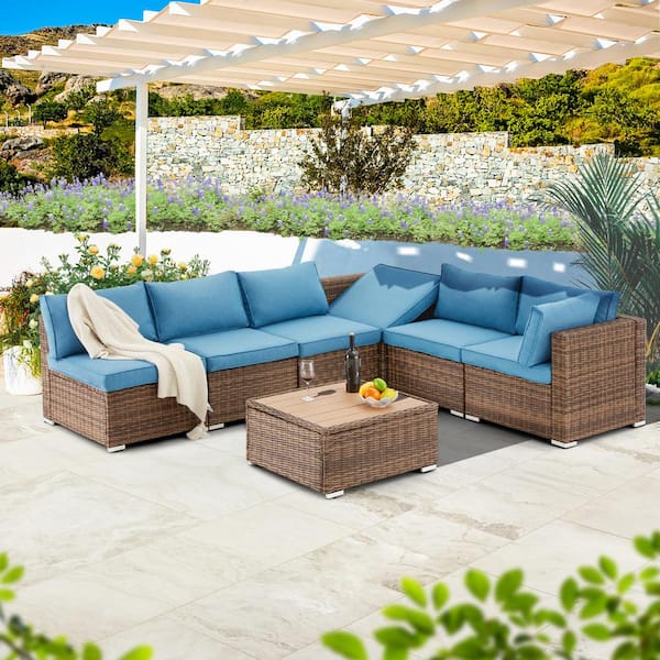 Zeus & Ruta 7-Piece Wicker Patio Furniture Set, Outdoor Modular Sofa Patio Lawn Conversation Set with Blue Cushions and Pillows