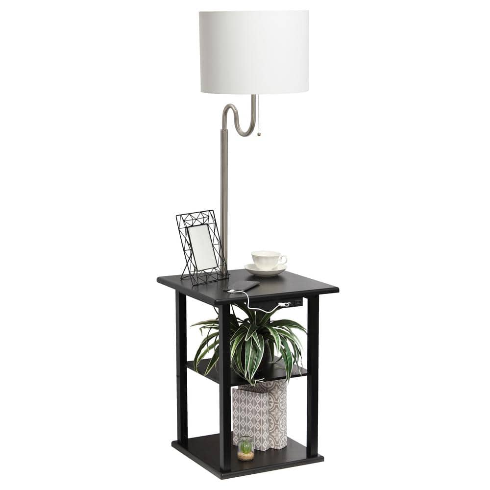 57" Black Modern 2-Tier End Table Floor Lamp with USB Ports