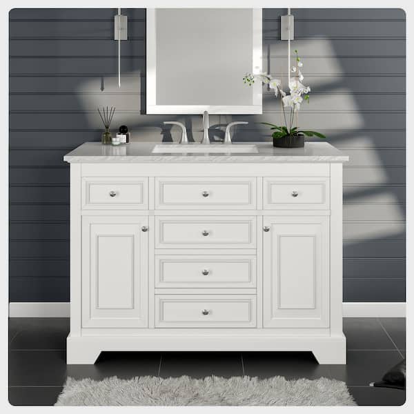 Eviva Monroe 48 in. W x 22 in. D x 34 in. H Bathroom Vanity in White with Gray Carrera Marble Top with White Sink