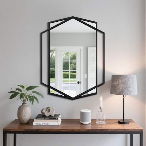 23 in. W x 32 in. H Modern Rectangular Polygonal Black Metal Frame Art Decorative Mirror Vanity Mirror Wall Mirror