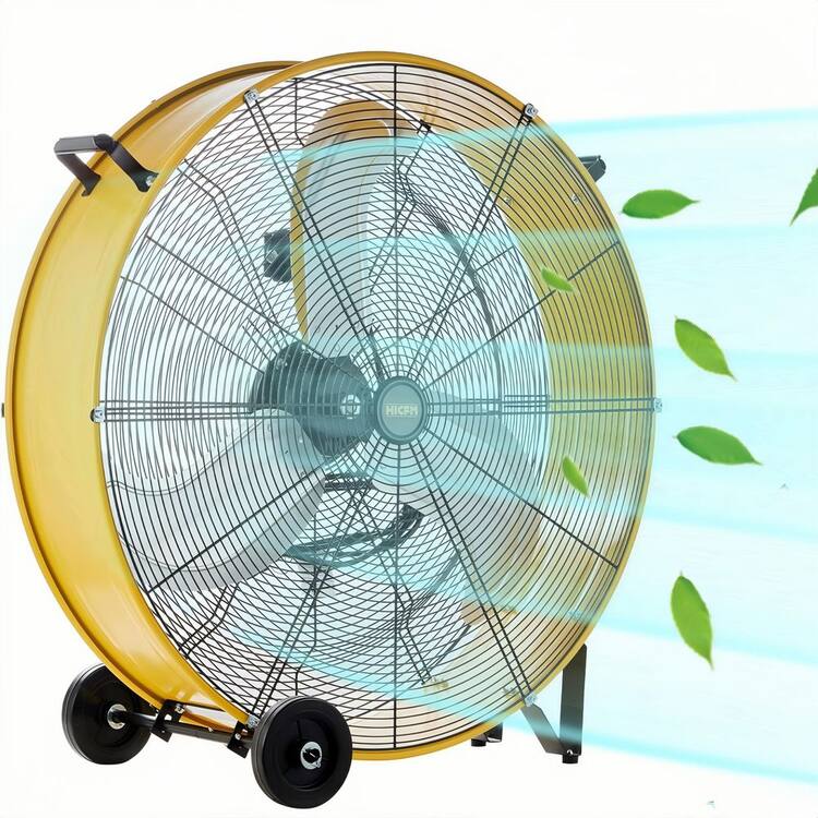 30 in. yellow drum fan, 1/3HP motor, 9-ft cord. 13000 CFM. Ideal for industry, it ventilates well in factories