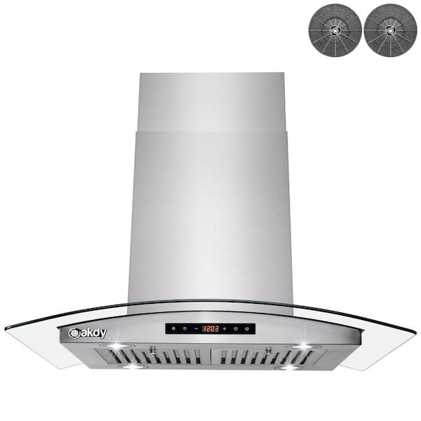 AKDY 30 in. 343 CFM Convertible Island Mount Range Hood with Tempered Glass and Carbon Filters in Stainless Steel