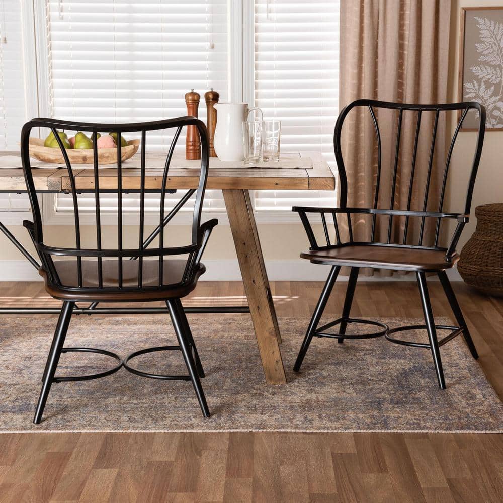 Longford Dark Walnut and Black Metal Windsor Arm Chair Set