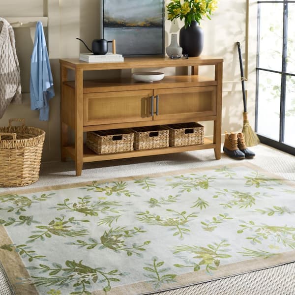Martha Stewart Washable Taupe/Green 9 ft. x 12 ft. Machine Washable Botanical Border Area Rug