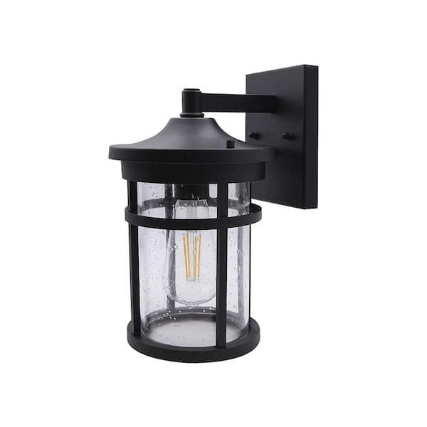 1-Light 11 in. Black Hardwired Outdoor Wall Light Lantern Porch Sconce with Clear Seedy Glass with No Bulbs Included