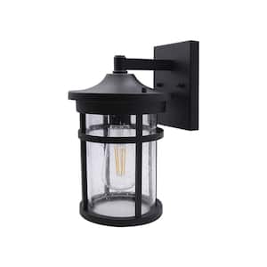 Black 1-Light Outdoor LED Wall Lantern Sconce with Crackle Glass
