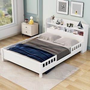 White Wood Frame Full Size Platform Bed with Guardrail, Storage Headboard and Built-in LED Light