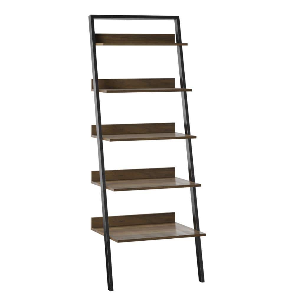 Twin Star Home 80 in. Plainview Walnut Wood 5Shelf Leaning Bookcase
