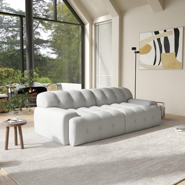 J&E Home 86.6 in Wide Square Arm Knit Fabric 2 Seat Rectangle Waffle Sofa in. Gray
