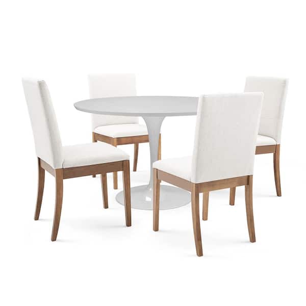 Herval 5 Piece Round White/Almond Oak/Light Beige Wood Top Dining Set with Wood Base Chairs Seats 4