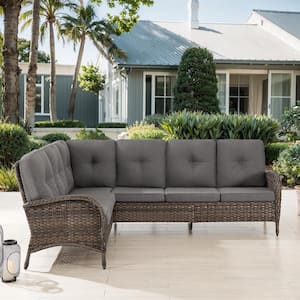 Brown Wicker Outdoor Sectional Sofa, 6-Seater L-Shaped Patio Couch with Gray Cushions, Rattan Conversation Set